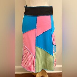 Patchwork Pink Blue Green Quilted Patterns Pull On A-Line Casual Gypsy Skirt S